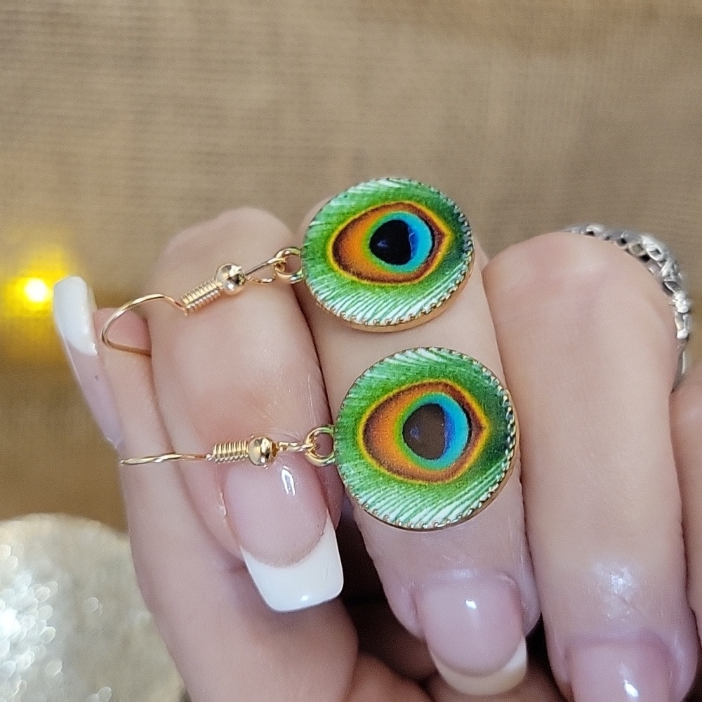 PEACOCK FEATHER MEDALLION DROP EARRINGS